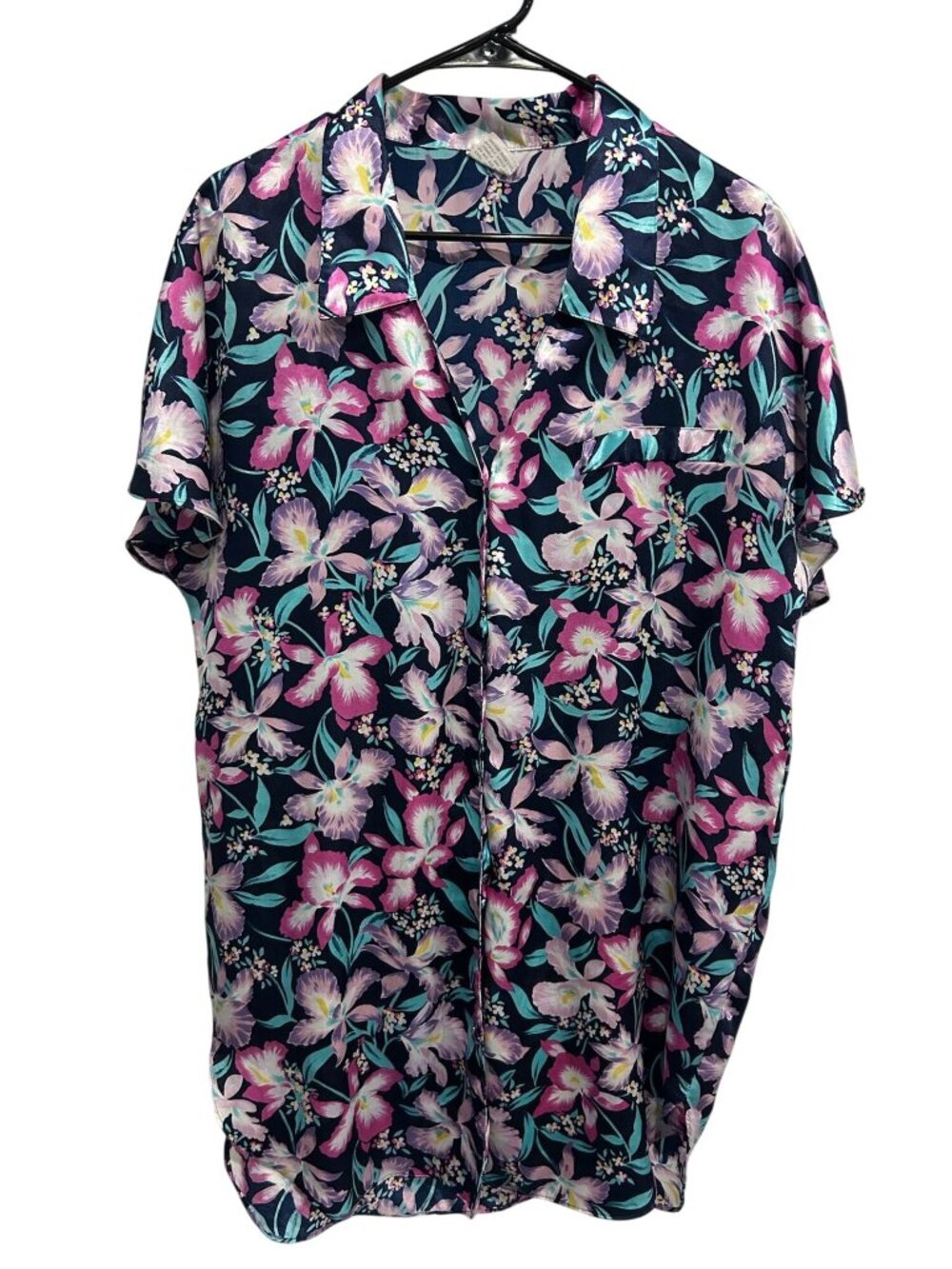 Kathryn Medium Navy Pink Floral Button-Up Short Sleeve Hawaiian Camp Shirt